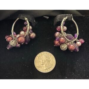 Silver Tone Pink & Purple Bead Hoop Earrings